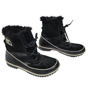 Sorel Tivolli II Snow Boots Womens 10 Black Suede Lace Up Faux Fur Waterproof